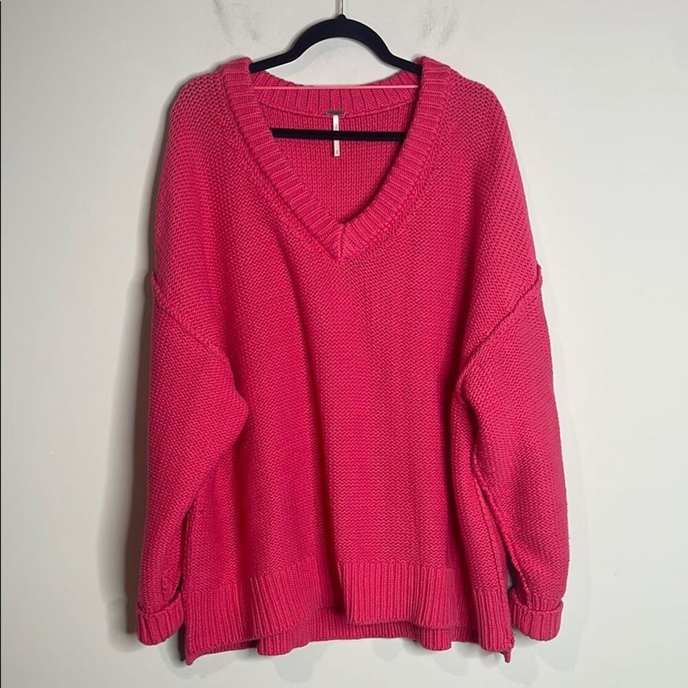 Free People Pink V-Neck Chunky Knit Oversized Alli Sweater Size Small